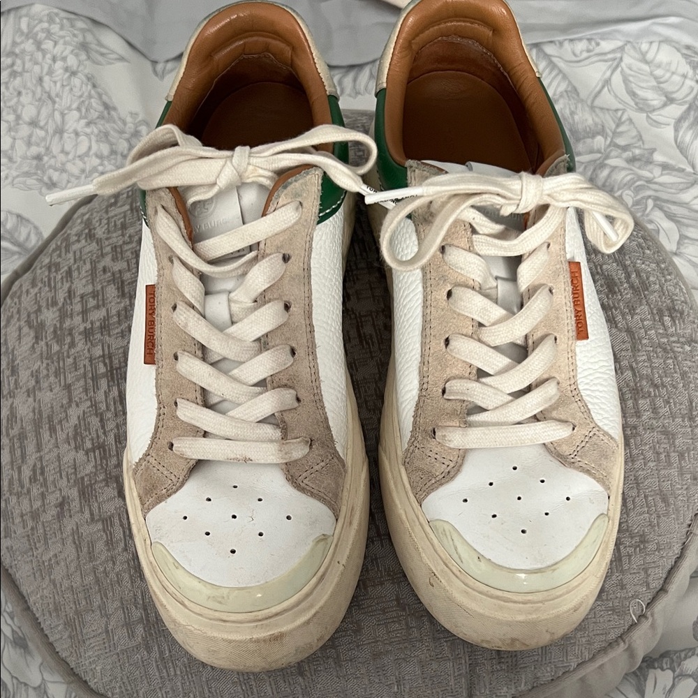 Tory Burch Ladybug Leather White and Green Sneakers Size 8